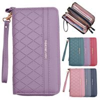 ZZOOI Long Pu Leather Womens Wallets Double Zipper Female Coin Money Purse Clutch Bag with Wristband Business ID Card Holder Clip