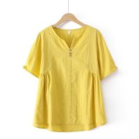 【มีไซส์ใหญ่】Plus Size Womens Solid Color Full Cotton Summer Blouses Short Sleeve V-neck Female Tops