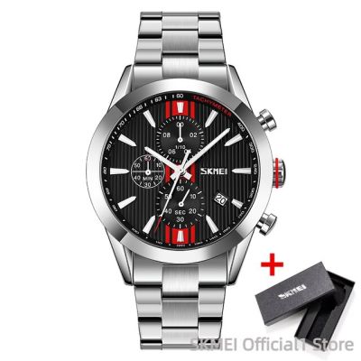 SKMEI นาฬิกาควอทซ์แนวธุรกิจ9302สำหรับผู้ชาย,นาฬิกาควอทซ์เหล็กนาฬิกาข้อมือสำหรับผู้ชายข้อมูลเวลาหรูหรานาฬิกาข้อมือกันน้ำนาฬิกาผู้ชาย