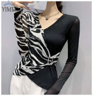 ➧YIMEI เสื้อคอวีแฟชั่นเซ็กซี่สำหรับผู้หญิง,เสื้อยืดตาข่ายช่องผ่านยาวทรงสลิมเข้ารูปของผู้หญิงขนาดใหญ่2022ฤดูใบไม้ร่วง