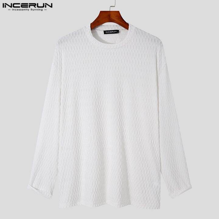 incerun-เสื้อยืดถัก-แขนยาว-คอกลม-ทรงหลวม-สีพื้น-สําหรับผู้ชาย