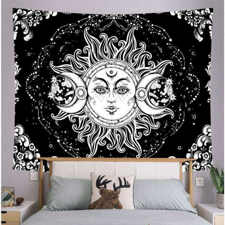 european-and-american-style-fabric-background-tapestry-dark-black-and-white-simple-tapestry-tarot-card-sun-greeting-card-fabric-decoration-fabric-bohemian-mandala-tapestry