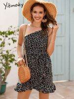 ✁◕✶ Yitimoky Diagonal Collar Woman Dress Sashes Backless Inclined Shoulder Dresses Print Casual Beach Irregular Clothes Summer Black