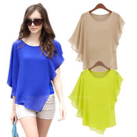 Falbala Batwing Short Sleeve Chiffon Blouse (Blue) (MY)