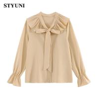 Trumpet sleeve chiffon shirt womens 2022 spring new Korean style fashion bow tie wide loose lotus leaf collar casual top