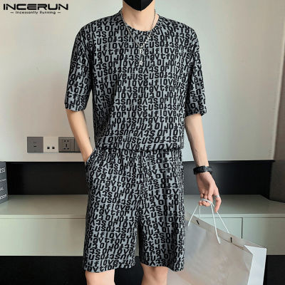 INCERUN ชุดสูทลำลองทรงหลวมแขนสั้นพิมพ์ลายสำหรับผู้ชายเสื้อยืดกางเกงขาสั้นชุดนอน (สไตล์เกาหลี)