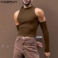 INCERUN ผู้ชาย T เสื้อสีทึบคอเต่าแขนยาวปิดไหล่ Casual Camisetas 2022 Hollow Out Streetwear Crop Tops