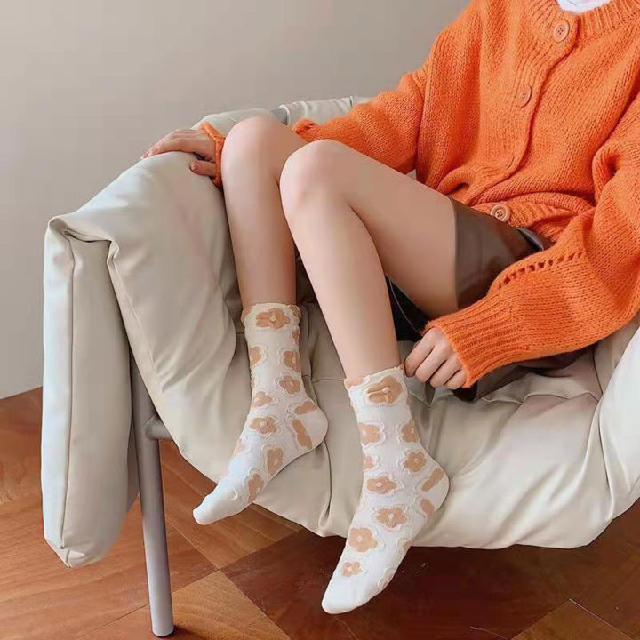 ถุงเท้าหุ้มข้อสำหรับสตรีวัยรุ่นหญิงถุงเท้าดอกไม้แต่งระบายผ้าฝ้ายลายดอกไม้แปลกใหม่