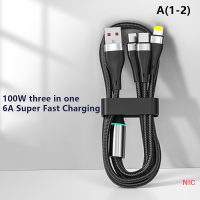 NIC คุณภาพสูง100W 6A USB เป็น Type C 3 in 1สายชาร์จไมโครสำหรับ Huawei Xiaomi Samsung สายเคเบิลข้อมูลแบบถักไนล่อน