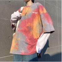 【M-4XL2ColorsPlus Size】Oversized Korean Street Style Women Plus Size T-shirt Round Neck 34 Short Sleeves Big Loose Tie-Dyed Painting Printed Tee Summer Maternity Casual Top 100 Soft Cotton Fashion Big Size Medium-Long Length T-shirt Pajamas