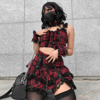 Gothic Plaid Lace Up Y2K กระโปรง Top ชุดผู้หญิงเซ็กซี่ Lace Crop Top สูงเอวกระโปรงมินิ Streetwear Punk Grunge 2ชิ้นชุด