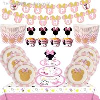 Disney Pink Minnie Mouse Happy Birthday party Disposable tableware and balloon paper cake topper for Kid favor party decoration