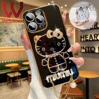 VWTEROKAI 3D น่ารักแฟชั่น Hello Kitty แต่งหน้าผู้ถือขาตั้งกระจกกับสายโซ่เพชรมุกเคสโทรศัพท์สำหรับ OPPO A74 A83 A95 A15 A15S A16 A16K A16E เรียบชุบทองฝาครอบหลังซิลิโคน