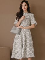 fgjre335 ขายดีที่สุด - / แฟชั่นเกาหลี Elegant Midi Tweed ชุดผู้หญิงหรูหราเก๋สบายๆลายสก๊อต Slim Gown Robe Femme สุภาพสตรีหญิง Mujer Party Vestidos