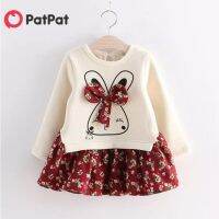 PatPat Toddler Girls Dress เด็ก/เด็กวัยหัดเดินFaux-Two Bunnyเดรสลายดอกไม้กระต่ายน่ารักชุดโบว์ดอกไม้-Z