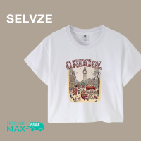 เสื้อยืดลำลองขาสั้นภาพย้อนยุคแฟชั่นแนวเกาหลี SELVZE สำหรับผู้หญิง