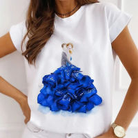 ดอกกุหลาบชุดผู้หญิงเสื้อยืดฤดูร้อนแขนสั้น Tee สีฟ้าพิมพ์หลวมสีขาวสุภาพสตรีแขนสั้น