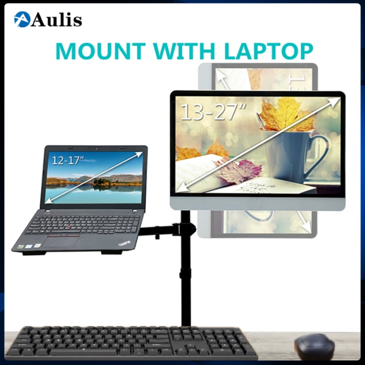 Dual Monitor Mount Bracket With Laptop Stand Tray Adjustable Arm