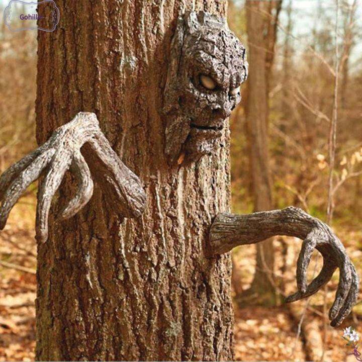 GOHILLER Halloween Props Home Decoration Ghost Face Sculpture Tree Bark