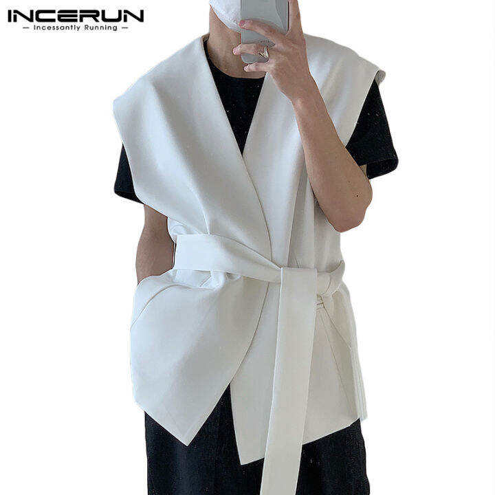 incerun-เสื้อคาร์ดิแกนแขนกุดสีด-ํา-ขาวสําหรับผู้ชาย