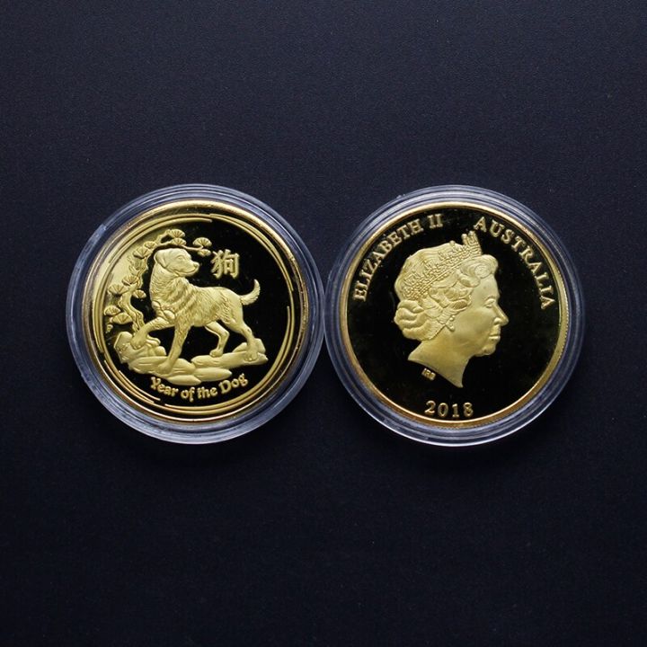 เหรียญที่ระลึกจักรราศีจีน2ชิ้น-ล็อต2018เหรียญสุนัขขนาด1ออนซ์40มม-สีเงินชุบทองปีปล่อยออกมาใหม่