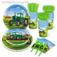 ✕✑☇ Green Tractor Theme Disposable Tableware Paper Cup Plates Napkins Truck Vehicle Excavator Kids Boys Party Decorations Supplies