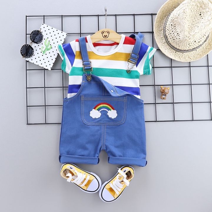 mengqi-2021-new-baju-baby-boys-and-girls-pure-cotton-stripe-short-sleeve-rainbow-back-belt-pants-2-sets-of-quality-childrens-wear