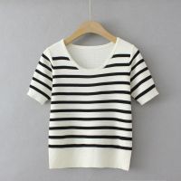 【มีไซส์ใหญ่】Plus Size Womens Short Sleeve Cropped Shirts Oversized Knitted Slim Female Summer Tops Vintage Slim Top