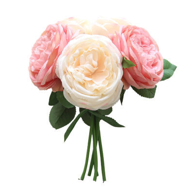 Sanwood ไม้พาย®1ชิ้น5หัวดอกกุหลาบดอกไม้ปลอมดอกไม้ผ้าไหม Faux ประณีตตัดพืชเทียมสำหรับเจ้าสาวดอกไม้ประดิษฐ์ป้องกันการตก