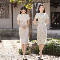 คลาสสิกเย็บปักถักร้อยแขนสั้นชีฟอง Cheongsam Elegant R ผู้หญิง Handmade ปุ่ม Qipao เซ็กซี่จีนทุกวัน Dress