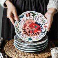 (Gold Seller) 8 Inch Colorful Cat Dinner Plate Under-Glazed Ceramic Dinner Dishes Dessert Tray Flower Kitten Dinnerware Microwave Safe