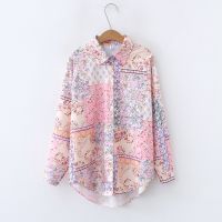 European and American style womens new flower print loose lapel long-sleeved fashion shirt