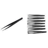 1x Black Metal Straight Sharp Tip Tweezer &amp; 7Pcs Black Plastic Antistatic Flat Bottomed Top End Tweezers Hand Tools Set