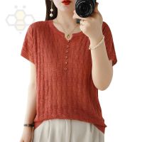 ₪ Aiden001 JR361 Summer Slub Hemp T-Shirt Womens Short Loose Top Knitted Ice Silk V-Neck Fashion Covering Meat Versatile Top