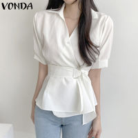 VONDA เสื้อแขนสั้นมีกระดุมคอปกสำหรับผู้หญิง,เสื้อเบลาส์จับจีบแบบลำลองสไตล์เกาหลี