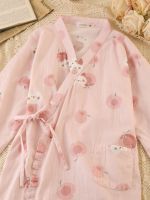 ☍✟№ Milk Pear Homemade Japanese-style nightgown womens summer thin cotton gauze loose large size tie kimono pajama dress