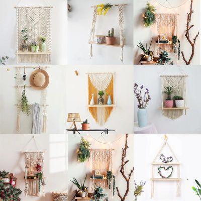 Macrame Handmade Wall Hanging Planter Basket Cotton Woven Wooden Shelf Plant Hanger Pot Tapestry Home Apartment Room Decor