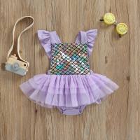 【Beautywoo】เด็กทารก Romper Dress Fly Sleeve Mermaid Scale พิมพ์ Tulle Splicing Tutu บอดี้สูทฤดูร้อน One-Piece Clothes