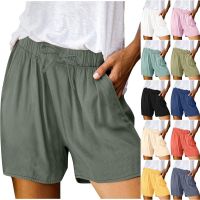 Female Shorts Bermuda Solid Color Cotton Linen Girls Wide Leg Loose Fit Trunks Vacation Pocket Casual Basic Short Pants Sports