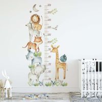 ✜ Watercolor Africa Animals Elephant Giraffe Tropical Leaves Height Growth Chart Wall Stickers Wall Ruller Nursery Wall Decals PVC