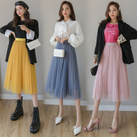 New Summer Fashion 3 Layers Tulle Skirts Womens Black Gray White Pleated Faldas Elastic High Waist Pleated Midi Jupe Mujer