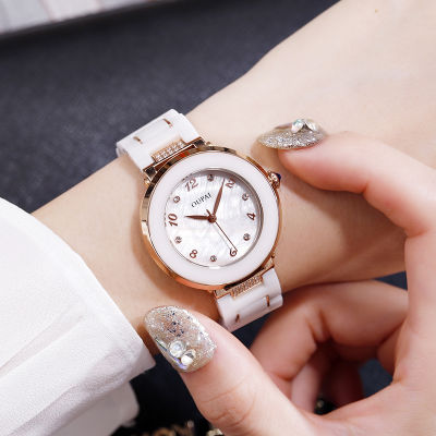 OUPAI หรูหราเพชรเซรามิกนาฬิกาผู้หญิงที่เรียบง่ายการออกแบบเดิมสีขาวเซรามิกเลดี้นาฬิกานักเรียนกันน้ำ Ins นาฬิกายอดนิยม