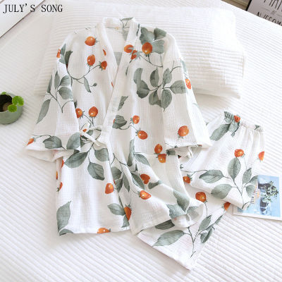 JULYS SONG  New Cotton Women Pajamas Kimono 2 Pieces Floral Sleepwear Woman Spring Summer Casual Homewear Loungwear Suit