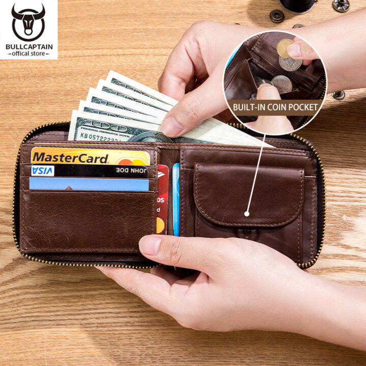 top-bullcaptain-high-quality-cowhide-wallet-for-mens-business-gatherings-multi-card-slot-anti-lost-zipper-design-rfid-anti-theft-brush-change-wallet