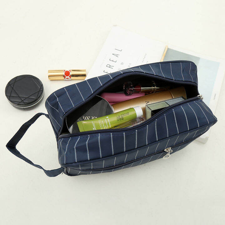 กระเป๋าจัดระเบียบกระเป๋าใส่เครื่องสำอางค์สำหรับผู้หญิง-tas-kosmetik-ลายทางกระเป๋าเก็บของกระเป๋าลายทาง