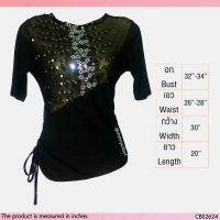 USED - Sheer Black Floral Sequin Top | เสื้อแขนสั้นสีดำ เสื้อซีทรู ลายดอก ปักเลื่อม กลิตเตอร์ โบว์ สีพื้น สายฝอ มือสอง