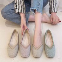 Square Head Small Fragrance Style Water Diamond Fashion Pearl Flat Shoes 2022 New Shallow Mouth Cover Foot Single Shoes Work Shoes Beans Shoes Single Shoes