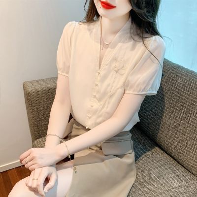 French sweet v-neck hubble-bubble sleeve blouse apricot female summer design feeling small palace joker contracted wind shirt