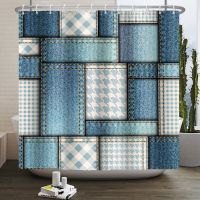 Light Blue Denim Patchwork Shower Curtain Vintage Real Seems Polyester Fabric Hooks Waterproof Bathroom Decor with Hooks 180x240