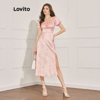 Lovito Elegant Floral Lace Up Jacquard Split Dress for Women L47LD039 (Dusty Pink) Lovito Gaun Split Jacquard Renda Motif Bunga Elegan untuk Wanita